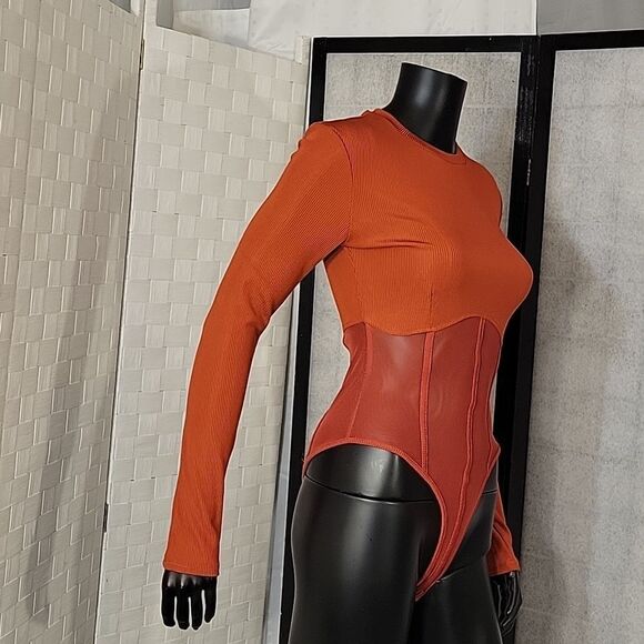 BRAND NEW LONG SLEEVES MESH INSERT HIGH NECK SOLID SHEER THONG SNAP BODYSUIT - Picture 7 of 16